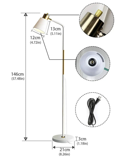 Industrial Floor Lamp With Rustic Farmhouse Vibe, adjustable metal heads, white finish, height details, swivel head shown
