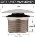 Swanky Satin Nickel Mushroom Tip Toe Bathtub Drain Stopper 1 1 2 Inch NPSM Coarse Thread with measurements displayed.