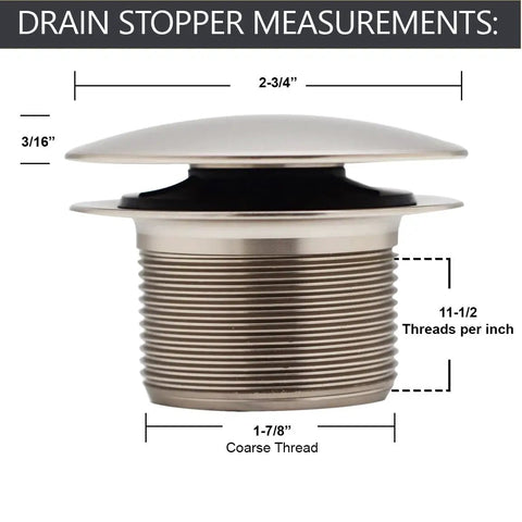 Swanky Satin Nickel Mushroom Tip Toe Bathtub Drain Stopper 1 1 2 Inch NPSM Coarse Thread with measurements displayed.