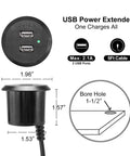 Recessed USB Power Grommet For Sleek Desk And Sofa Setup Featuring Built In Dual Fast Charging Ports With Totally Hidden Cord Routing For A Clean Game Vibe, dimensions shown, black design.