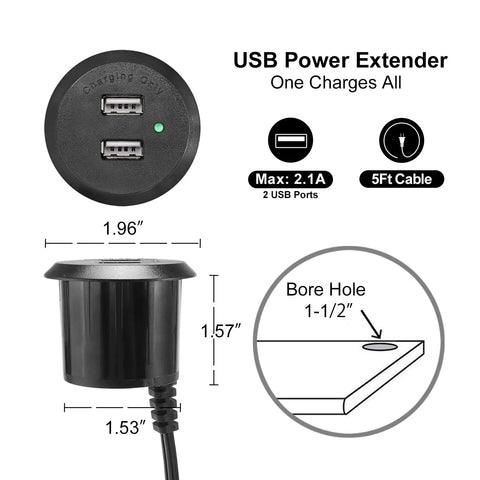 Recessed USB Power Grommet For Sleek Desk And Sofa Setup Featuring Built In Dual Fast Charging Ports With Totally Hidden Cord Routing For A Clean Game Vibe, dimensions shown, black design.