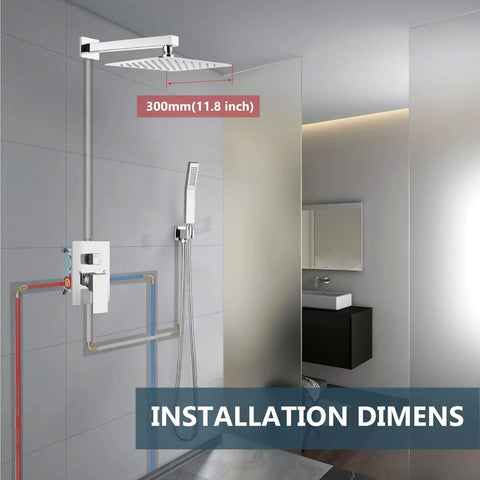 Shower Faucet Set With Rain Shower System And Handheld Spray Bathroom Shower Combo Rough In Valve And Trim Kit Polished Chrome Finish 12 Inch Wall Mount Shower Head For Durable Spa Quality Shower installed in bathroom showing setup dimensions.