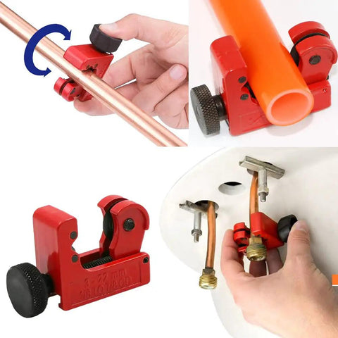 Adjustable Mini Copper Pipe Cutter for Copper Metal Plastic Brass and Thin Stainless Steel Tubing, shown cutting pipes and tubing.