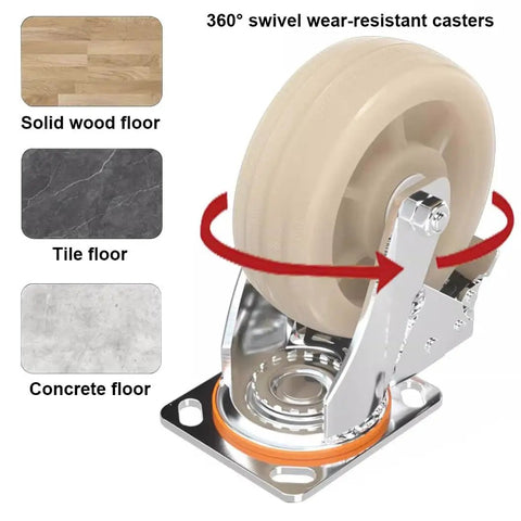Four Pack Heavy Duty Eight Inch Swivel Castor Wheels With Dual Locking Brakes showing 360° swivel design and wear-resistant nylon wheel.