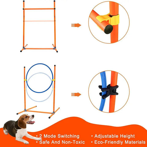 Budget Friendly All In One Dog Agility Training Set with hurdles, jump ring, and adjustable poles, outdoor use shown.