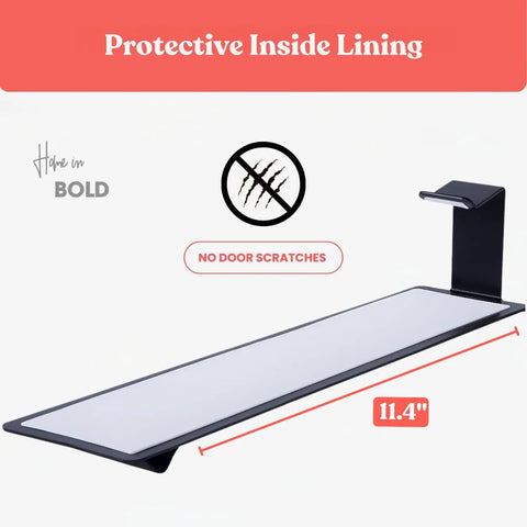 Top Shelf Over The Door Lock Box Bracket Featuring No Drill Install with protective lining, measures 11.4 inches in sleek black finish.