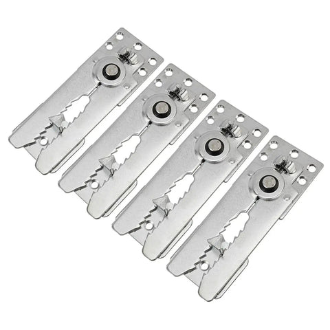 Solid Seven Piece Sectional Sofa Connector Kit With Hella Snug Snap Lock Clips For Modular Couches Rust Proof Heavy Duty Steel Furniture Fasteners showing four stainless steel clips.