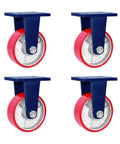 Heavy Duty Caster Wheels Set Of 4 With Precision Ball Bearings For Smooth Cruising Action And Secure Locking Features. Red and silver wheels.