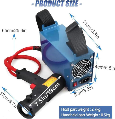 Heavy Duty 1500W Induction Bolt Heater, Handheld Heat Tool With Four Magnetic Coils And Rugged Case, size details and measurements displayed.