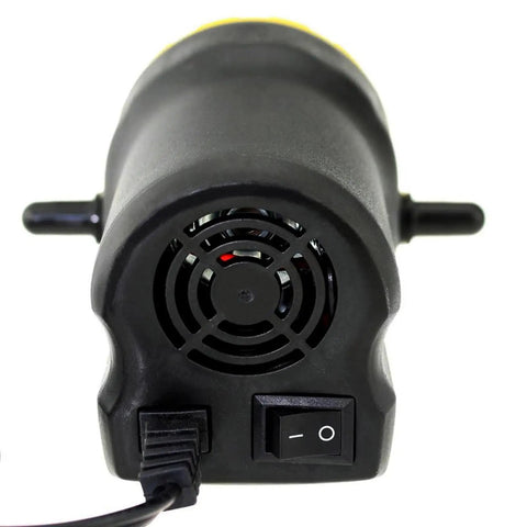 Rear view of Efficient 12V Electric Fluid Extractor Pump With Battery Clamps for oil transfer, featuring fan vent and power switch.