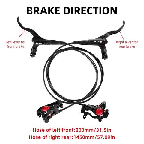 Full Hydraulic 2 Piston Mountain Bike Disc Brakes Set with brake levers, dual calipers, and hose lengths for aggressive mountain biking.