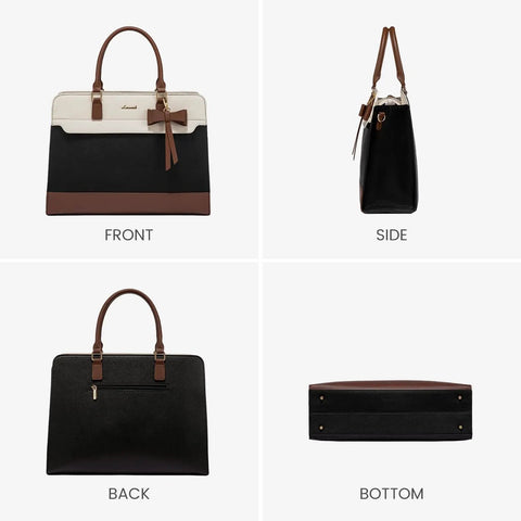 Women Laptop Tote Bag Waterproof Leather Work Bag Spacious Computer Handbag With Durable Bottom Feet, front, side, back, bottom view