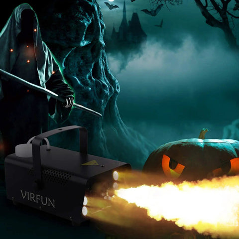 All In One Fog Machine With 6 LED Lights And 12 Color Effects, Wireless And Wired Remote Control shown in Halloween setting
