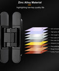 2-Pack Hidden Door Hinges For Cabinets With 180 Degree Swing in black zinc alloy, illustrating material layers and design.