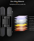2 Pack Hidden Door Hinges 180 Degree Swing Heavy Duty 265 lb Load Zinc Alloy Black on display with material layers