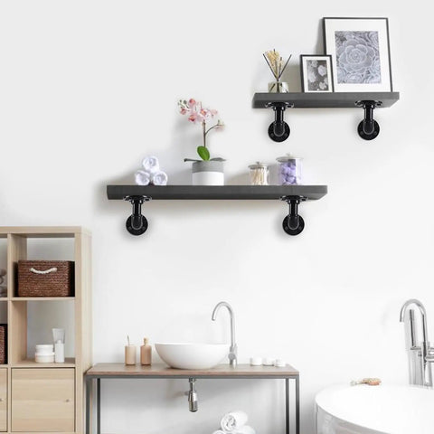 Heavy Duty Industrial Pipe Shelf Brackets Kit For 8 10 12 14 Inch Boards Iron L Pipe Floating Shelves Black bathroom setup