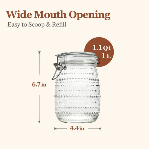 Glass Canister Set 34 Oz Each, 3 Pack Clear Jars For Coffee Bar Countertop, Embossed Polka Dot Apothecary Containers dimension details