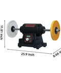 Heavy Lifter Eight Inch Benchtop Buffer Polisher With One Horsepower VFD Variable Speed Motor mounted on a sturdy base.