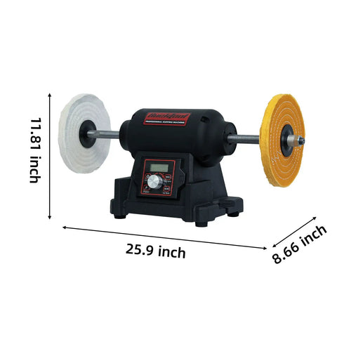 Heavy Lifter Eight Inch Benchtop Buffer Polisher With One Horsepower VFD Variable Speed Motor mounted on a sturdy base.