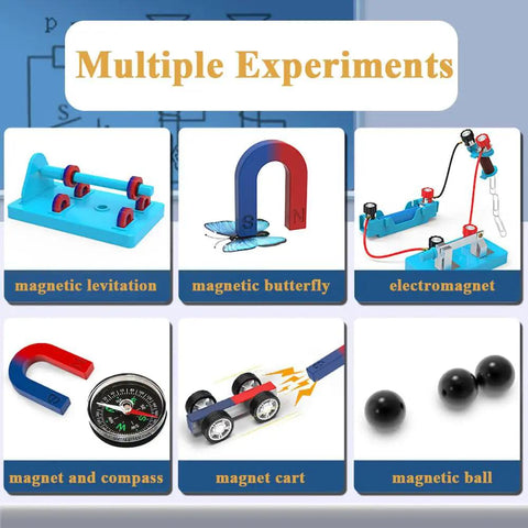 Kids Magnetic Science Kit With Electromagnet And Simple Circuit Experiments featuring levitation, butterfly, and cart activities.