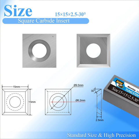 Technical diagram of 15mm Tungsten Carbide Replacement Cutter Inserts for woodworking, showing square design and measurements.