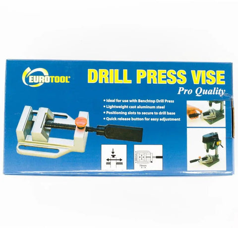 Solid Aluminum Drill Press Vise With Slick Quick Release Jaws For Tabletop Rig packaging image, highlighting features and details.