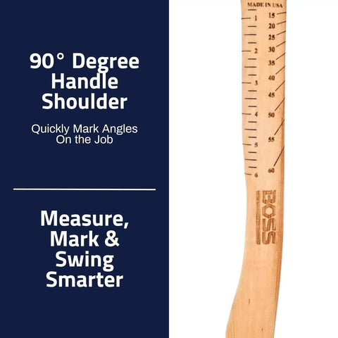 Handle of 10 Oz Titanium Pro-Grade Hammer With Tennessee Hickory Handle, Made In The USA, showing angle marking scale.