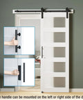 Five panel sliding glass barn door with adjustable handle showcase, 32 by 84 inch, frosted privacy glass for modern interiors.