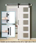 Five Panel Sliding Glass Barn Door Kit With Five Foot Hardware, Waterproof MDF And Frosted Glass For Privacy installed in doorway