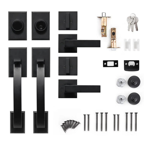Double Door Lock Set With Deadbolt Entry Door Lockset Single Cylinder Circle Handle Lower Half Grip Black Finish Easy Install