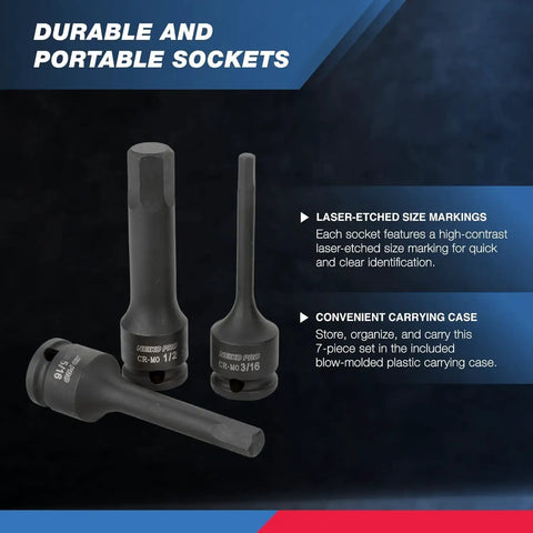 3/8 Inch Drive Allen Socket Set With 3 Inch Length, Impact-Grade Hex Bits, SAE Range 3/16 To 1/2 Inch, CrMo Steel on dark background