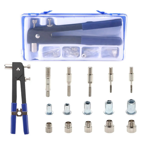Heavy Duty Rivet Nut Tool Kit Includes Wrench Handle And Assorted Blind Nut Rivets For Car Repair Boat Building Furniture Assembly Plus Trailer Fixing Projects With Easy To Use Threaded Insert Fasteners That Make Your Work Way More Efficient. Case with hand tool and assorted threaded inserts