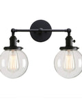 Vintage Industrial Double Wall Sconce In Black With Dual 5.9 Inch Clear Glass Globe Shades, E26 Base, 60W Max, Bulb Not Included