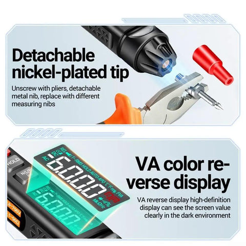 Close-up of detachable tip and display of Grab And Go Handy Digital Multimeter Pen With Voice Readouts A3009 for voltage measurement.