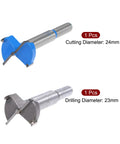 Workhorse Forstner Drill Bits Set Packing Two 24 And 25 Millimeter Cutters Featuring Razor Sharp Tungsten Carbide Heads, 24mm and 23mm drill bits.
