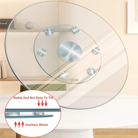 Round Lazy Susan Turntable For Dining Tables 20 To 43 Inches Smooth 360 Degree Rotating Serving Tray Clear Tempered Glass Centerpiece For Kitchen Island Heavy Duty Easy Clean Large Tabletop For Hosting Fam Dinners showing stable auxiliary wheel design