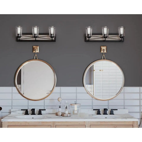 Three-Light Coastal Bath Vanity Light With Clear Glass, Rustic X-Brace Design, Faux Woodgrain Backplate, Graphite Black Finish