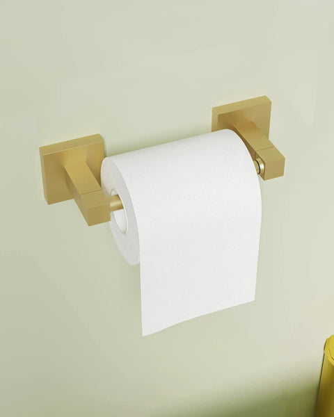 Gold Toilet Paper Holder Wall Mount With Double Post Pivoting Design featuring a brushed gold finish holding a roll of tissue.