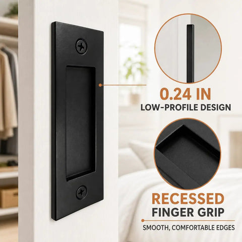 Deadly Smooth 6 Inch Sliding Barn Door Handle Tough Grip Design Matte Black Flush Pocket Door Pull on a white surface.