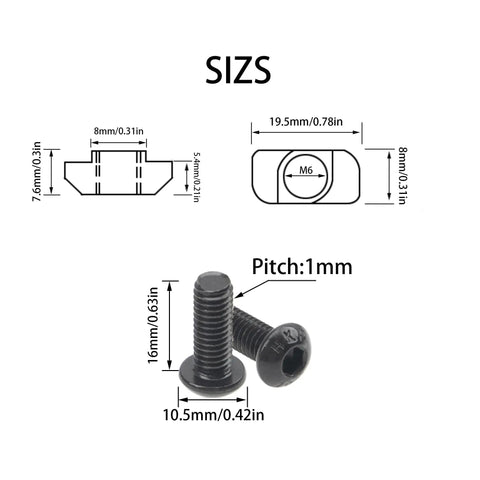 40 Series Aluminum T Slot Nuts And M6x16 Screws Kit For European 4040 Profile, showing screw and nut dimensions and pitch details