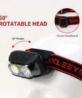 Rechargeable LED Headlamp With Motion Sensor, 5 Modes, headlamp showing 60° rotatable head and elastic headband, side view