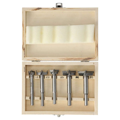 5-piece woodworking hinge hole drill bit set in a wooden storage box; metal bits labeled 15–35