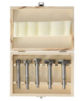 5-piece woodworking hinge hole drill bit set in a wooden storage case, front view, sizes 15–35
