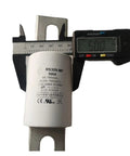 Heavy Duty 500Amp High Voltage DC Fuse 750V with measuring tool, showcasing label and size for Electric Vehicle Charging Station.