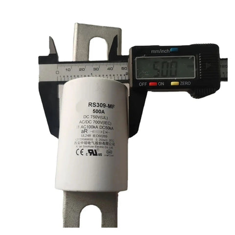 Heavy Duty 500Amp High Voltage DC Fuse 750V with measuring tool, showcasing label and size for Electric Vehicle Charging Station.