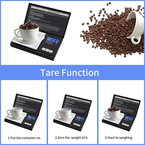 200g 0.01g Digital Pocket Scale With LCD Display shown weighing coffee beans with tare function steps
