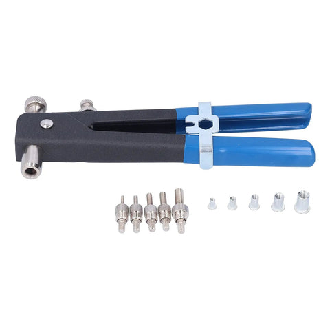 Heavy Duty Manual Rivet Gun Kit With Stainless Steel Spindle And Aluminum Alloy Arms Includes Five Pole Covers For M3 To M8 Rivets, with nozzles