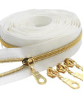 Size Five Gold Nylon Coil Zipper With White Tape By The Yard, 10 Yards Of Continuous Zip, gold pulls visible