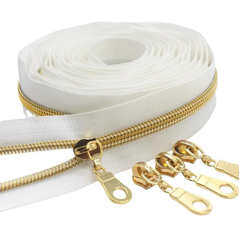 Size Five Gold Nylon Coil Zipper With White Tape By The Yard, 10 Yards Of Continuous Zip, gold pulls visible