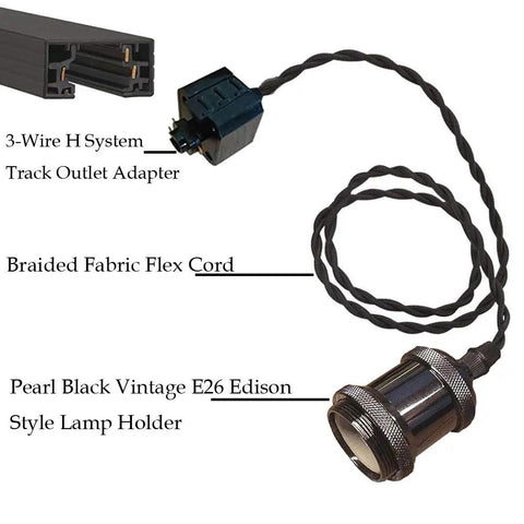 Three Light H System Track Mini Pendant Kit in Pearl Black Finish with Rose Braided Fabric Cord, E26 Edison Holder